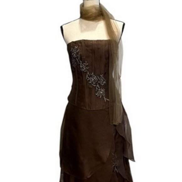 Kristali Couture Brown Silk Strapless Beaded Dress With Wrap Scarf